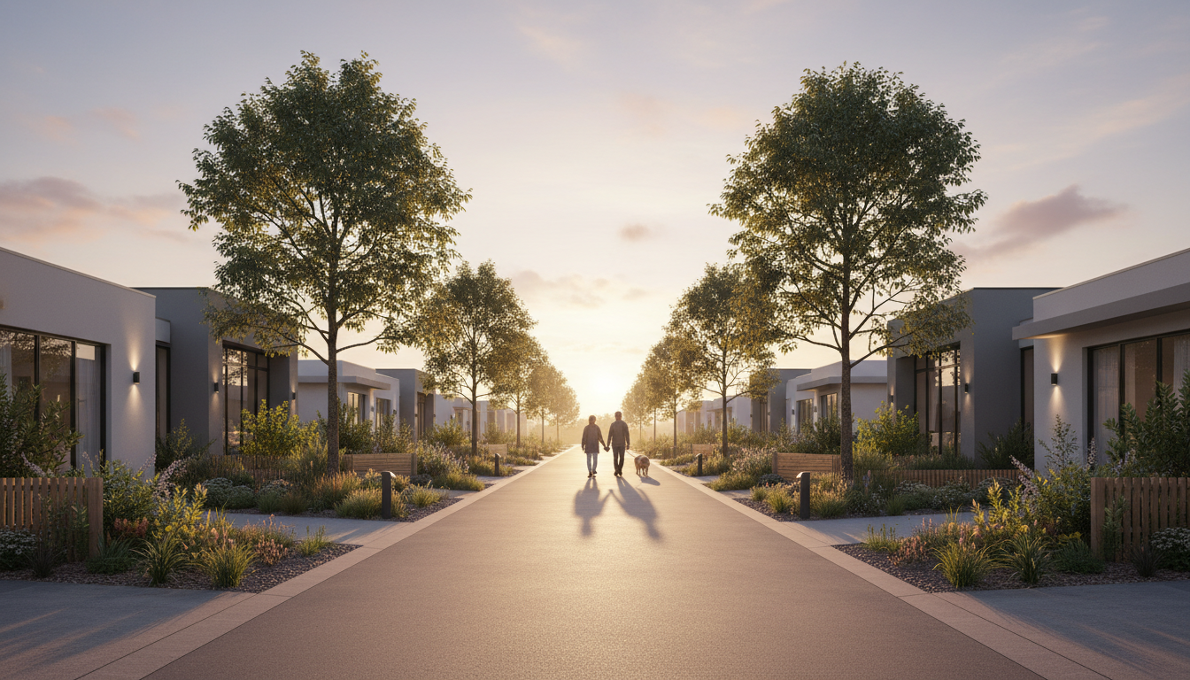 Community streetscape at golden hour