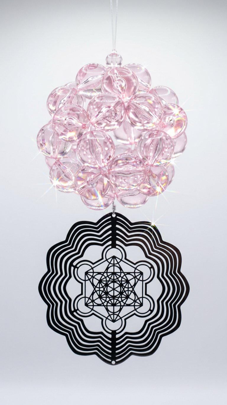 Blush aura suncatcher with pink crystal beads and a Metatron's Cube wind spinner for sacred space decor and energy clearing