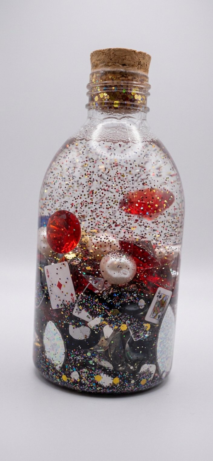 Fortune manifestation potion bottle with glitter, gems and playing cards for an abundance and luck ritual