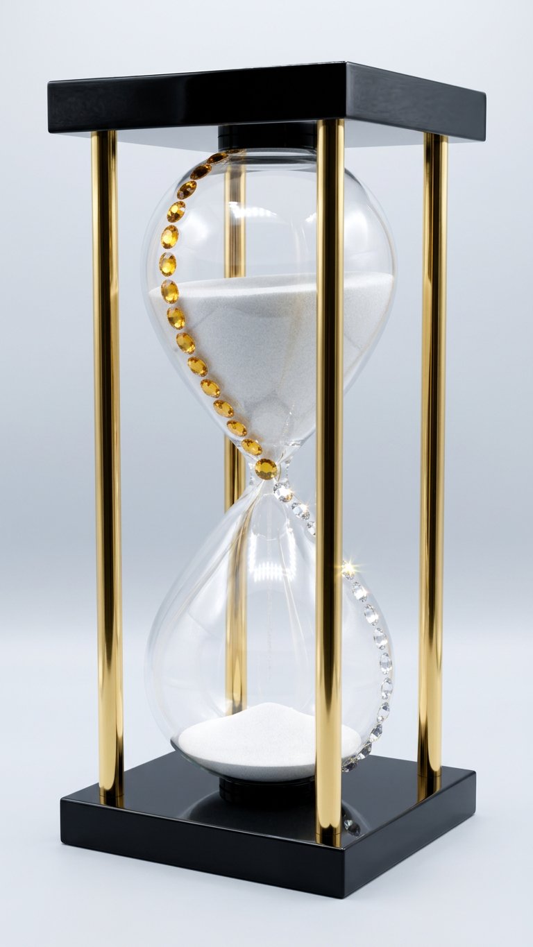 Black and gold gilded ritual hourglass with amber and clear crystals for mindful timing in ritual and meditation