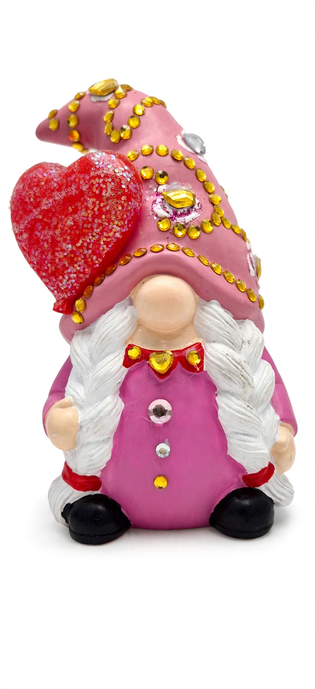 Jeweled pink guardian gnome with rhinestones and a glittering red heart, a protective charm for the sacred space