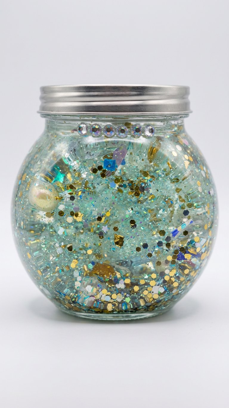 Galaxy glitter shaker jar with teal and gold glitter, pearls and gems for an anxiety relief and mental clarity ritual