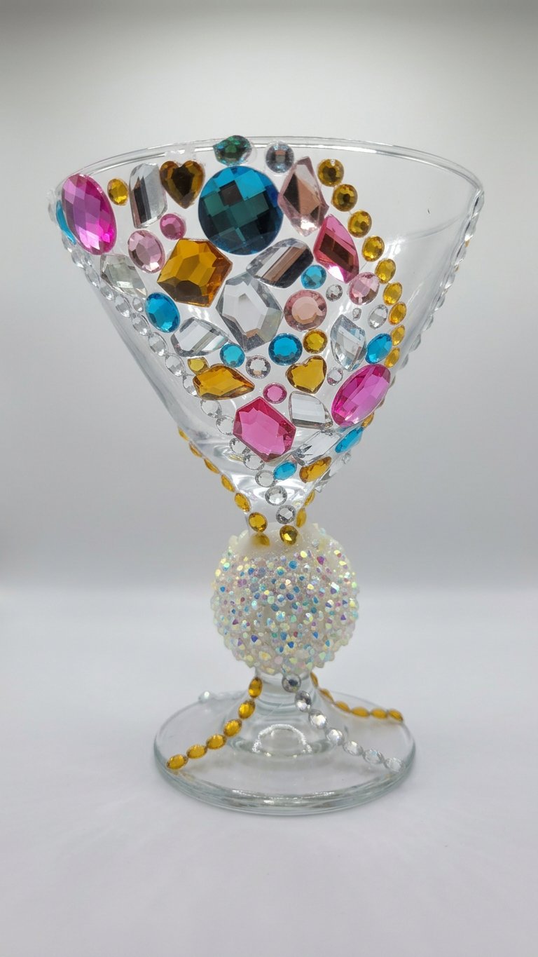 Jeweled goddess martini glass encrusted with colorful jewels and a crystal stem for decorative ritual decor