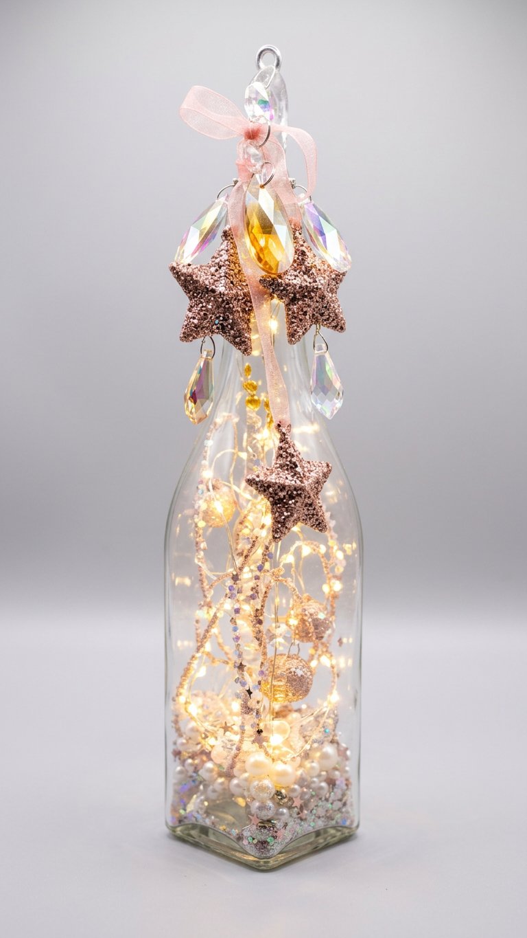 Starlight ritual bottle with warm fairy lights, glitter and crystals for altar decor and sacred space