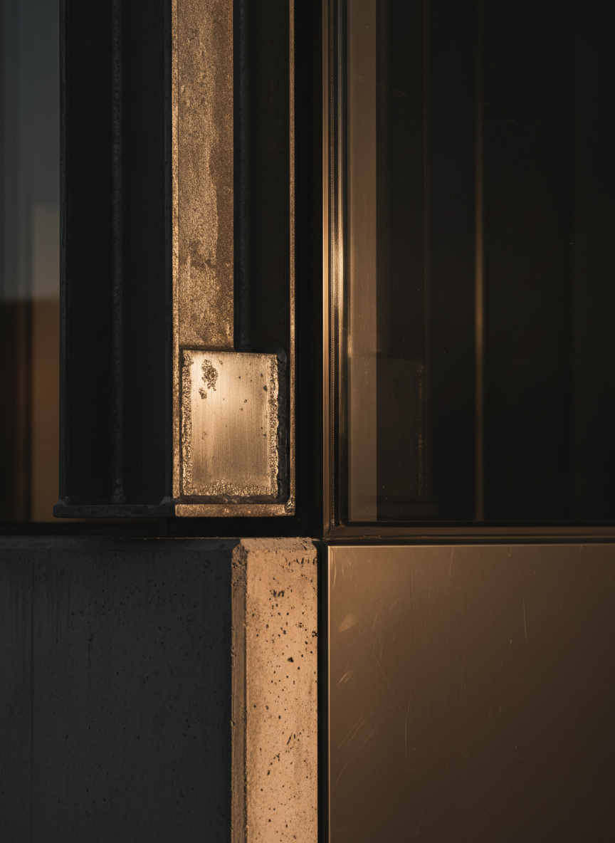 Architectural detail of steel meeting glass in golden hour light