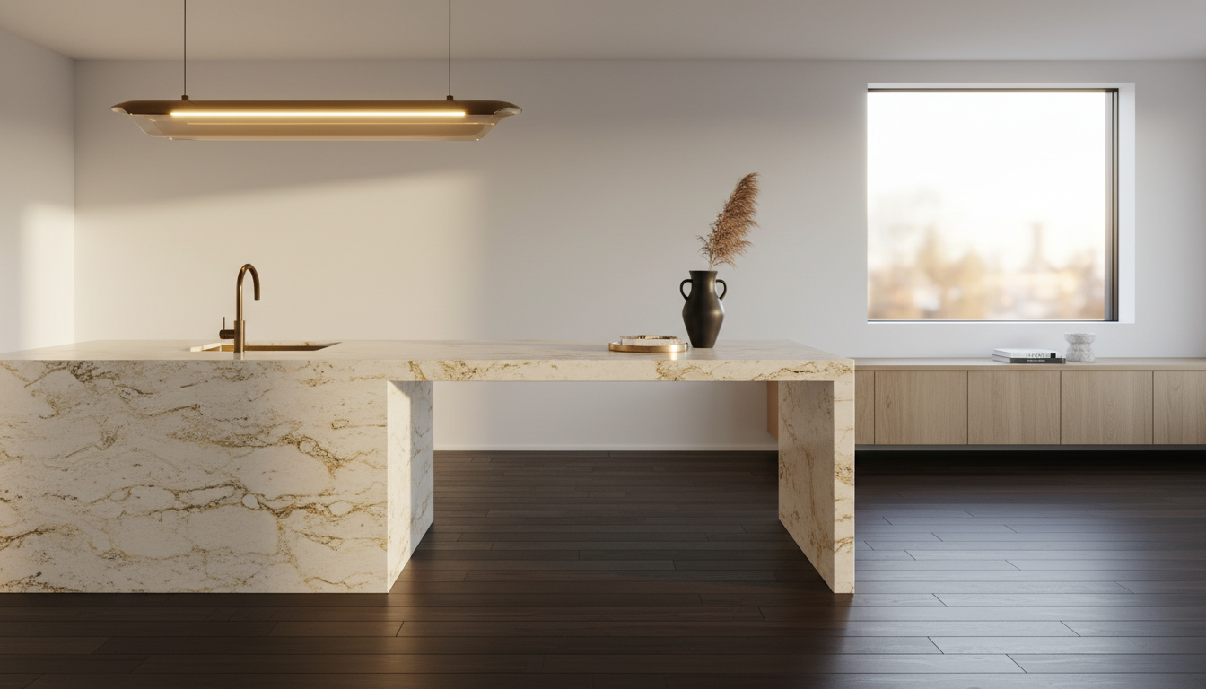 High-end renovated interior with hardwood and stone textures