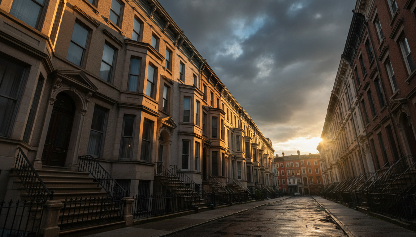 Urban residential block in moody golden hour lighting