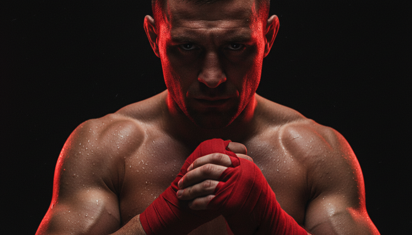 Athlete performing intense MMA training in a dark, red-lit gym