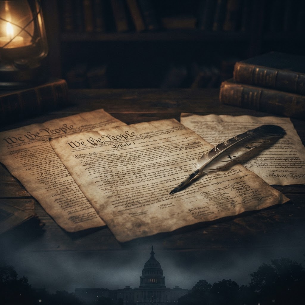 Archival American civic manuscript with a state capitol emerging