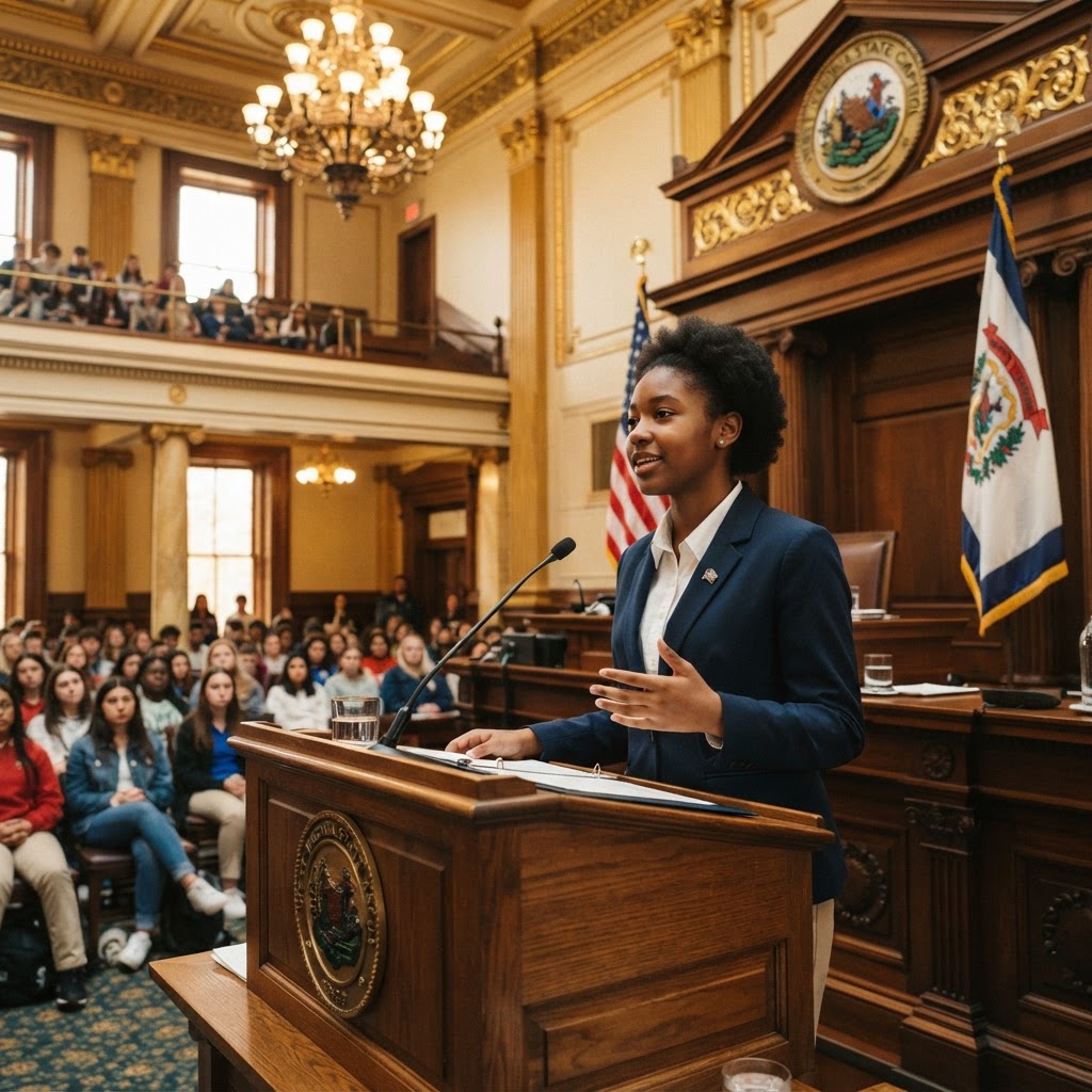 A student presenting and defending their proposal in a civic setting