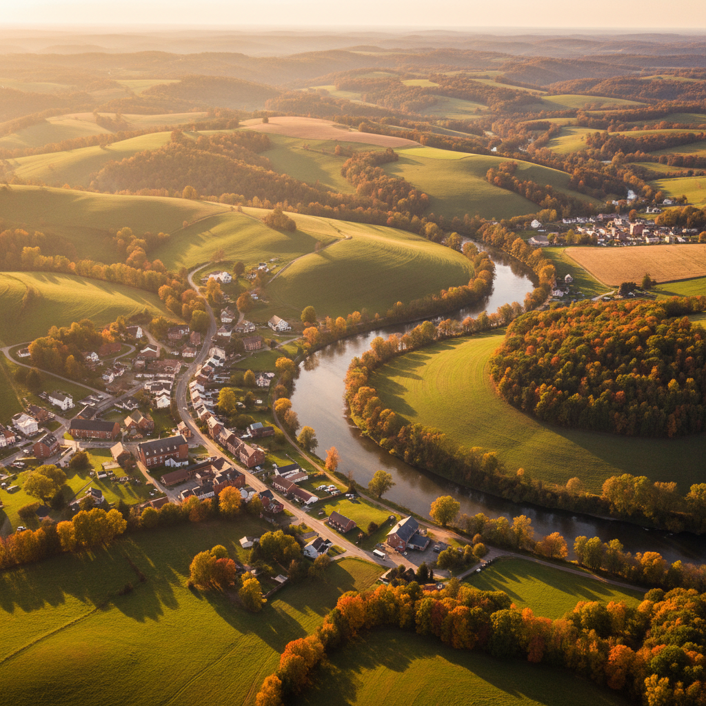 Aerial view of development meeting farmland in West Virginia