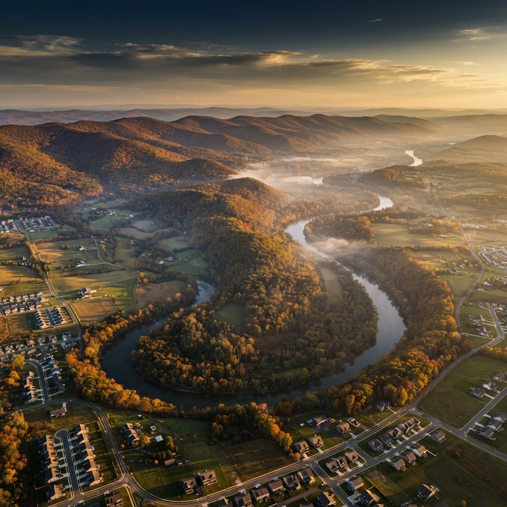 Aerial view of Berkeley County, West Virginia at golden hour