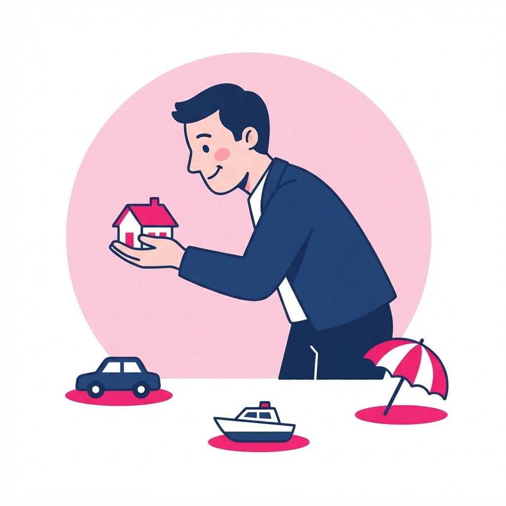Agent holding miniature house with car, boat, and umbrella