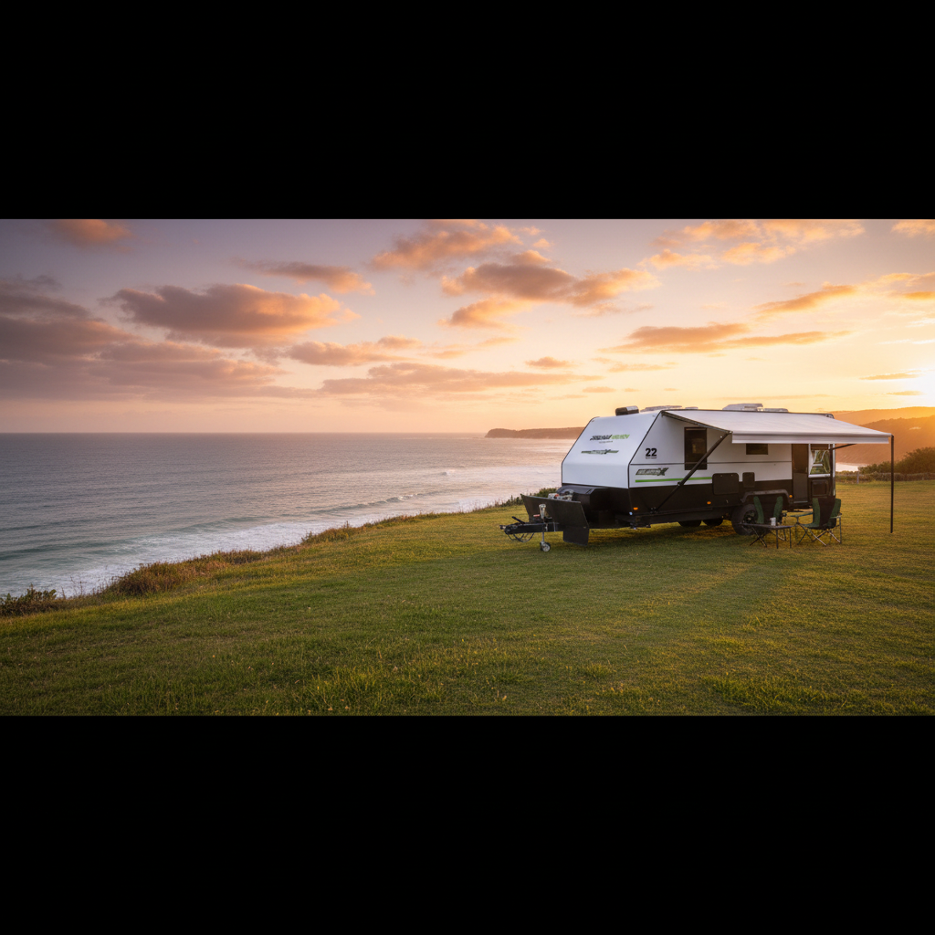 Dreamhaven caravan on the coast at sunset