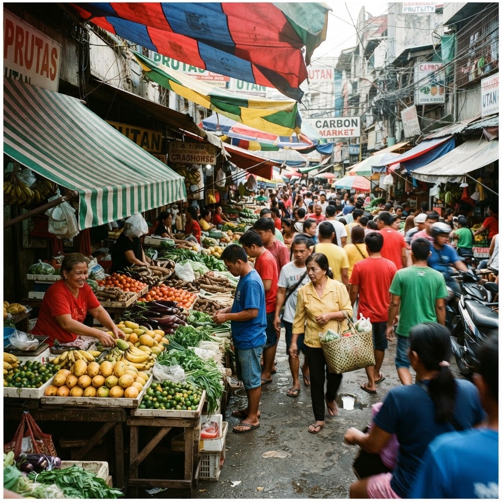 A market under striped awnings, out of focus, a crowd of red, yellow, green and blue