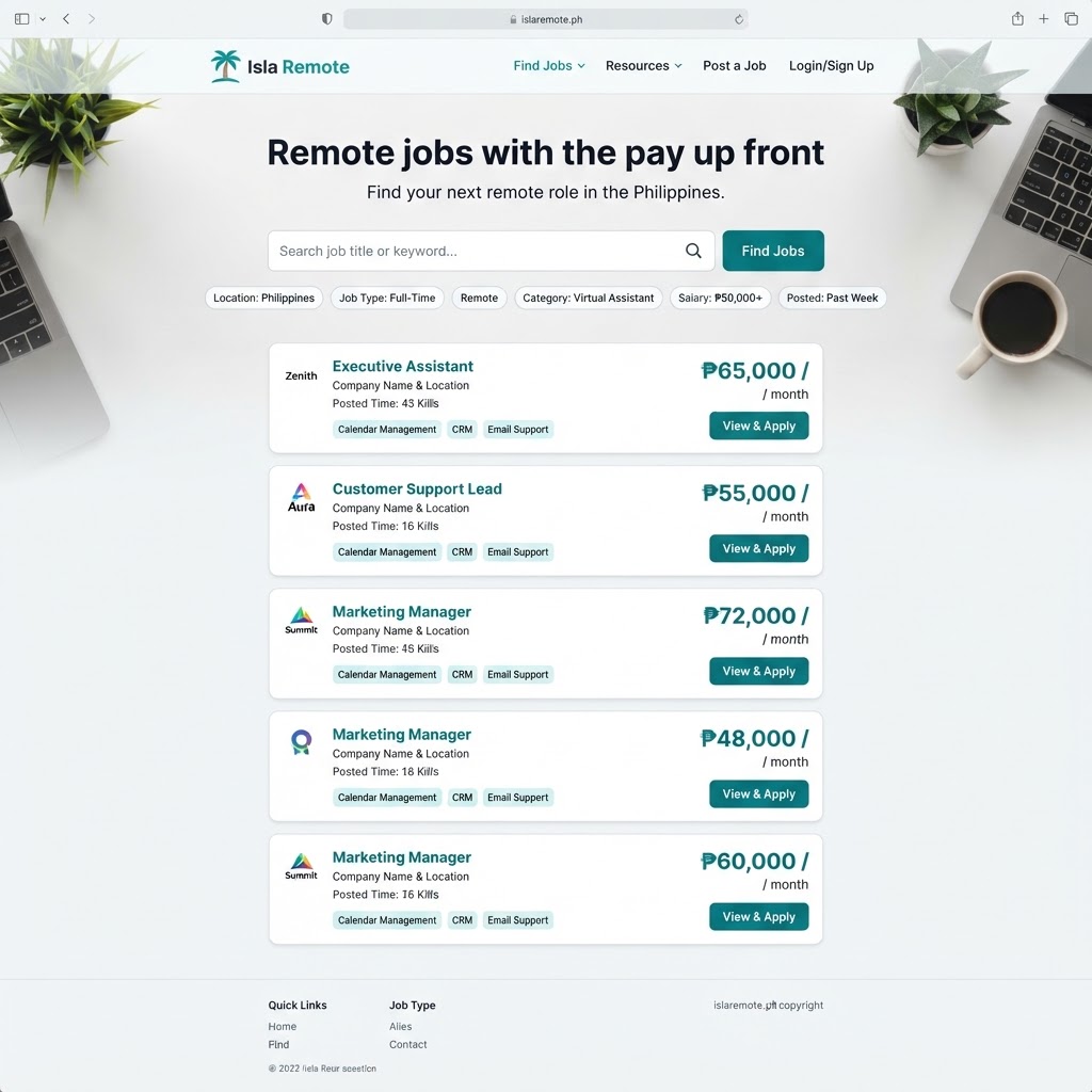 Isla Remote's home page: a search box over a dawn harbour, and a list of remote jobs with their pay
