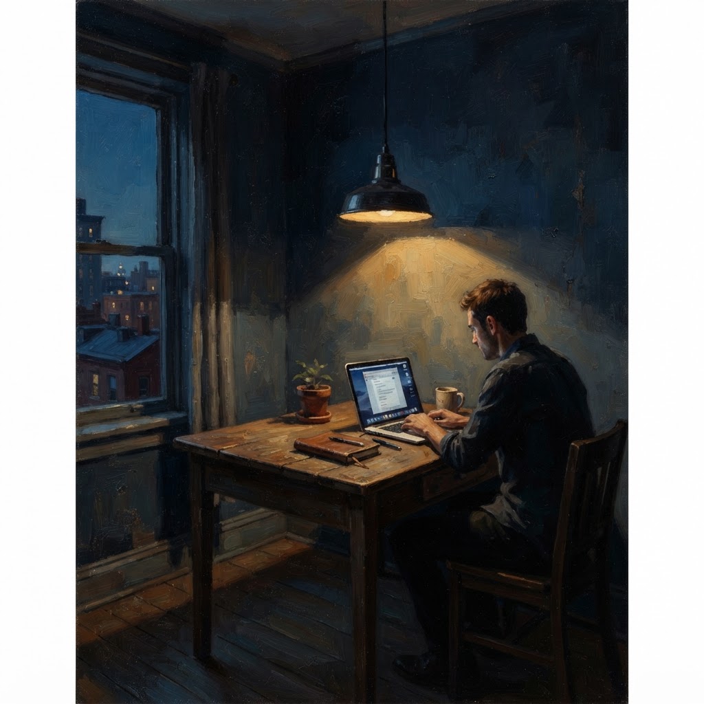 A pendant lamp throwing a cone of warm light onto a desk with an open laptop in a dark blue room