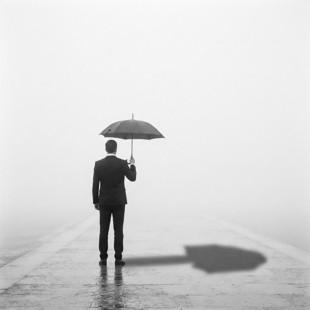 Figure with an umbrella walking through the fog