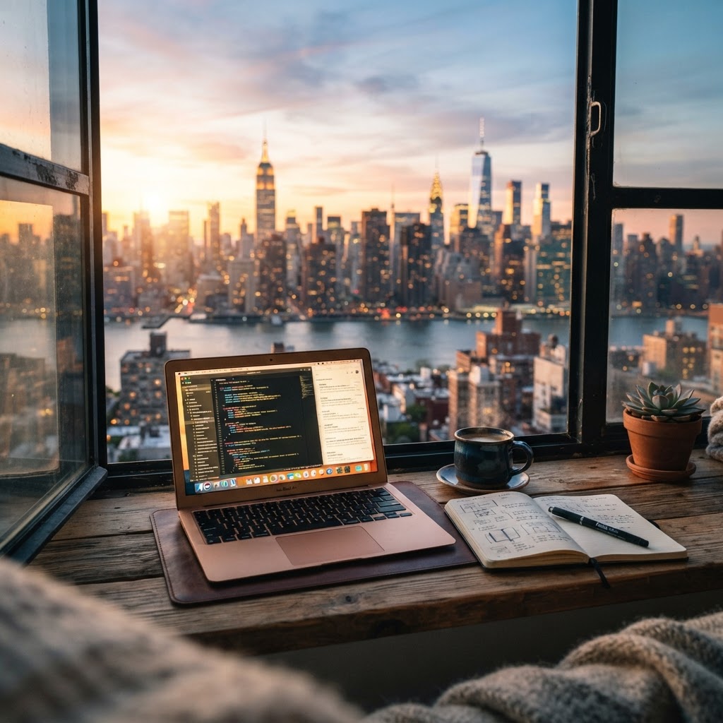 Laptop and coffee on a windowsill overlooking Manhattan at dawn