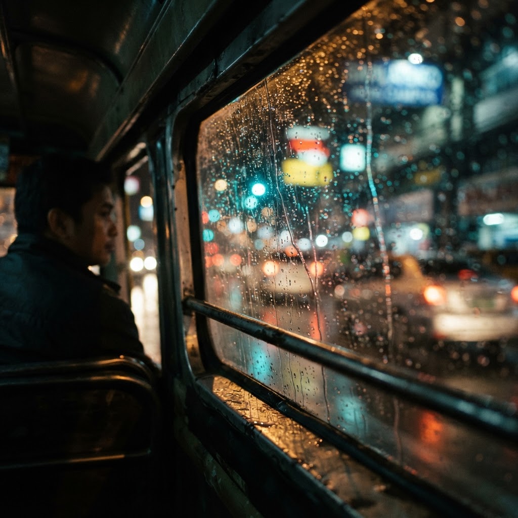 Raindrops on a window, city lights behind them blurred into circles of amber, teal and red