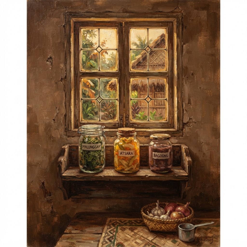 Warm afternoon light falling through a four-pane window onto a brown wall, three jars on a shelf below