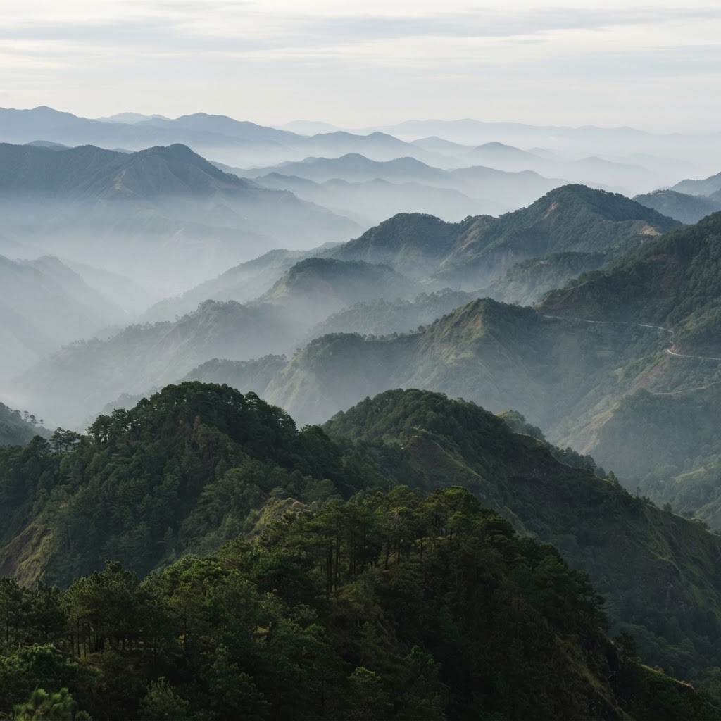 Layers of mountain ridges fading from dark green to pale grey in morning fog