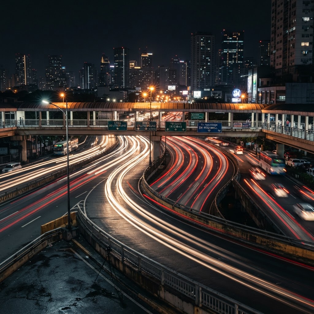 Long-exposure streaks of red tail lights and white headlights curving across a dark highway