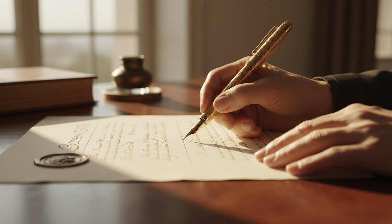 Hands carefully signing a document