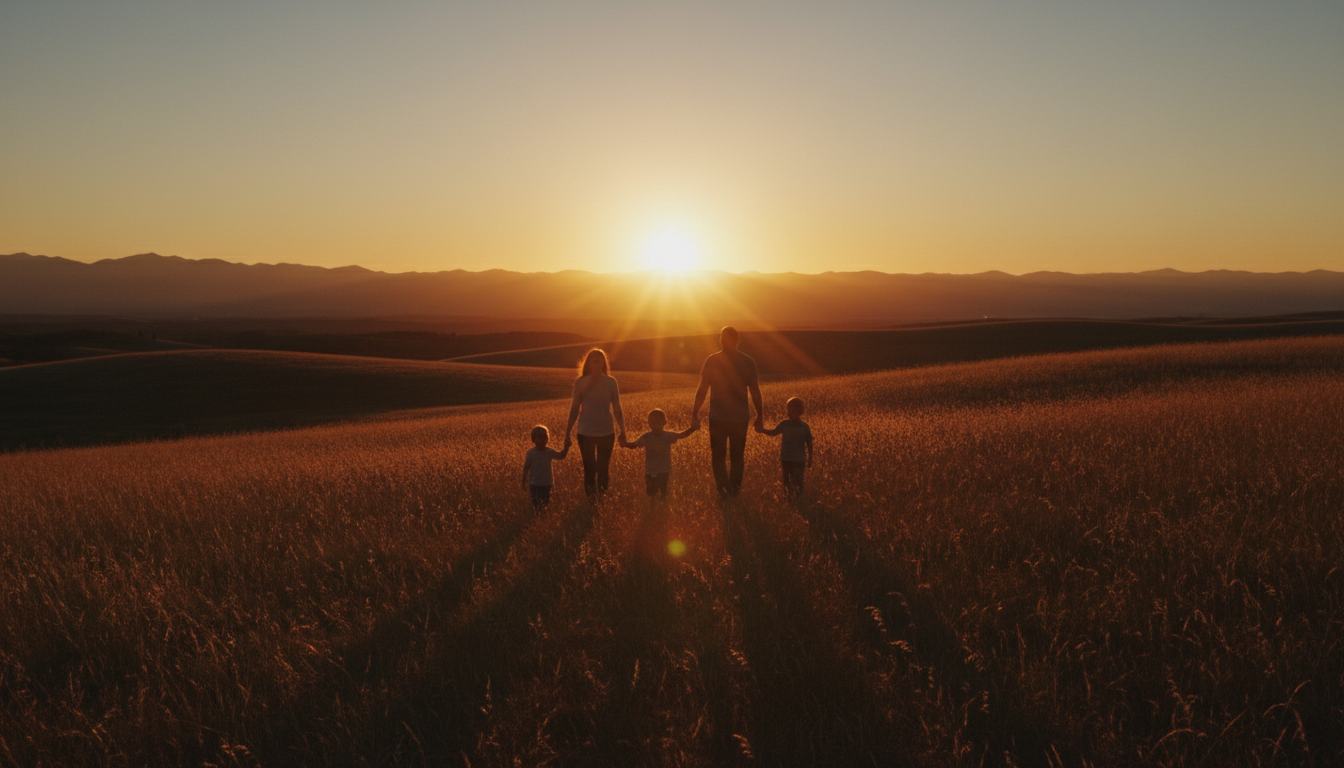 Family walking toward a bright horizon