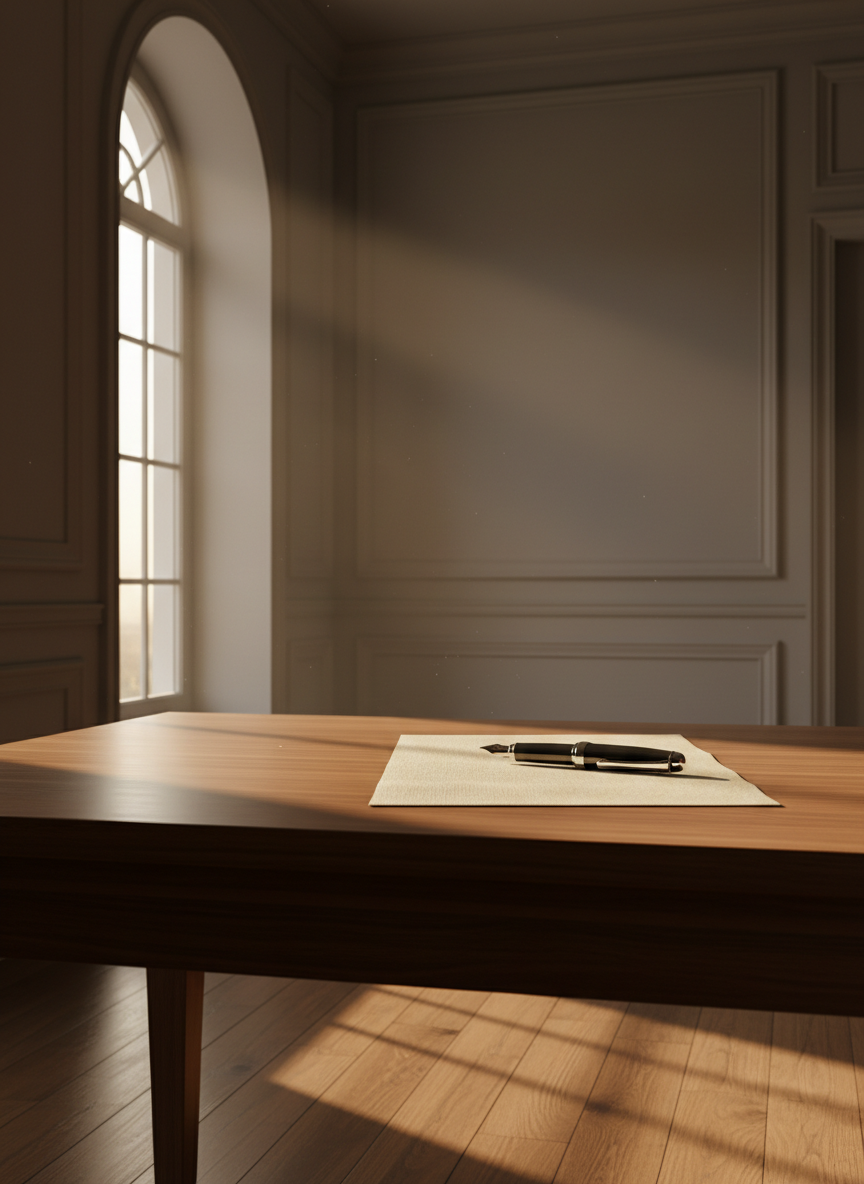 Morning light streaming through an arched window onto a pristine desk