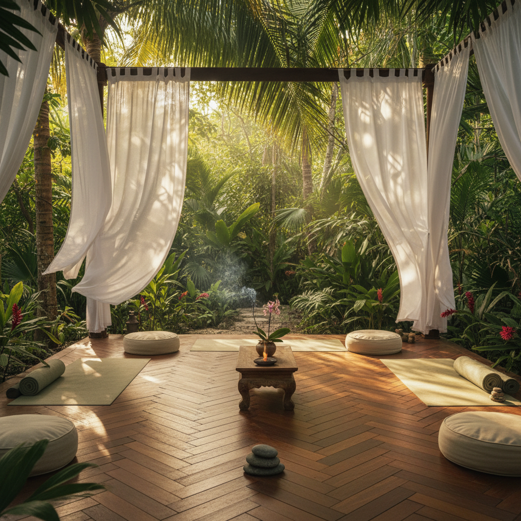 Open-air yoga pavilion surrounded by jungle