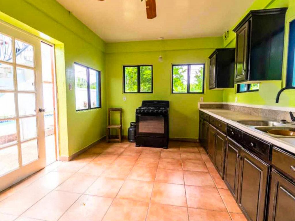 Kitchen with lime-green walls and terracotta floor tiles