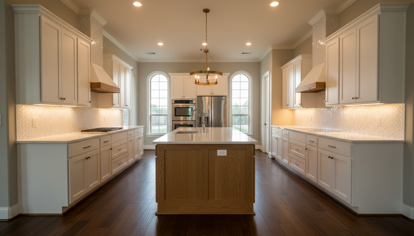 Custom kitchen with white cabinetry and oak island