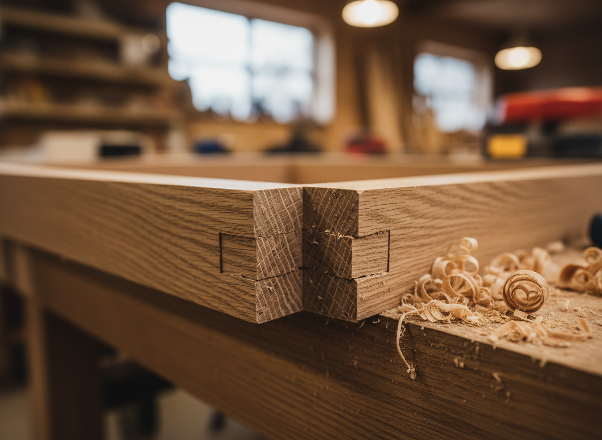 Custom oak dovetail joint being assembled in precision woodworking shop