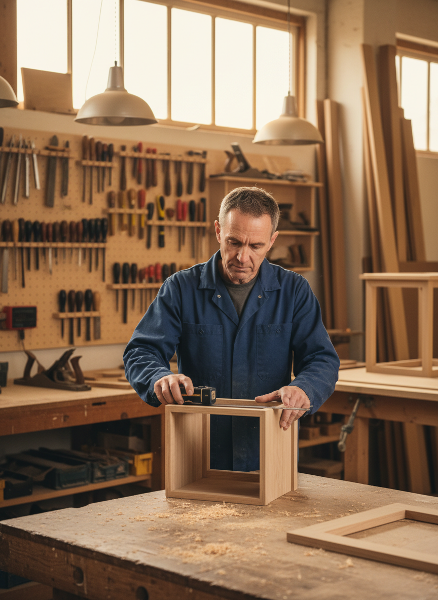 Joseph Francis measuring a custom cabinet piece