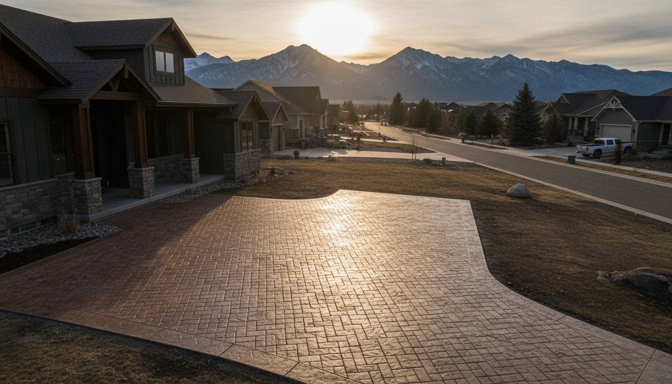 Decorative stamped concrete driveway in Eastern Idaho neighborhood with mountain backdrop