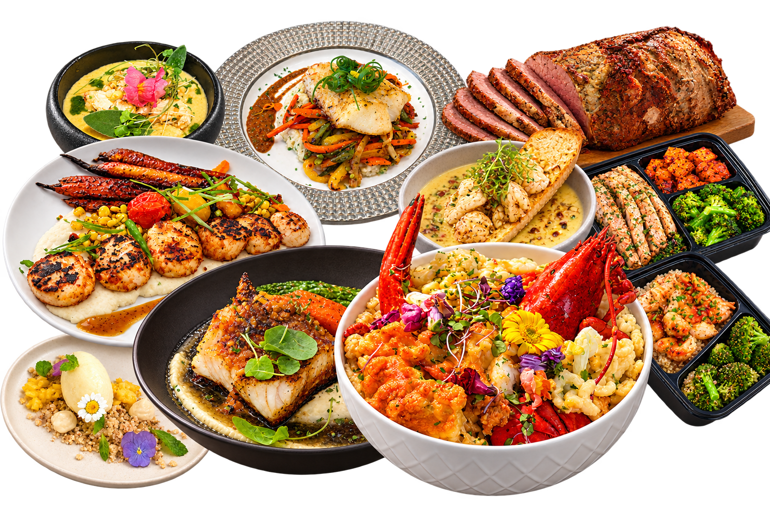 Collage of Chef Charles Bell’s plated fish, scallops, lobster macaroni, roast beef, soups, dessert and meal-prep trays