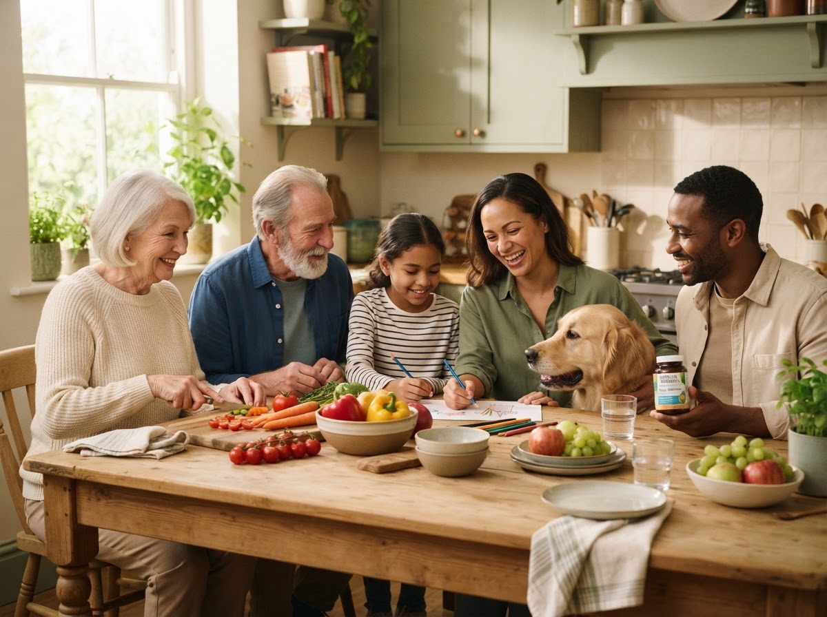 Family and dog at a kitchen table with fresh food