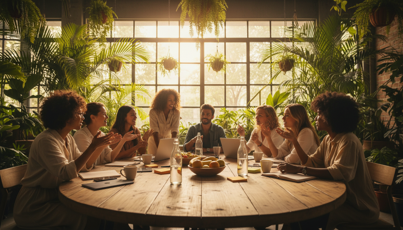 Diverse group of creative professionals in passionate discussion in a bright tropical workspace