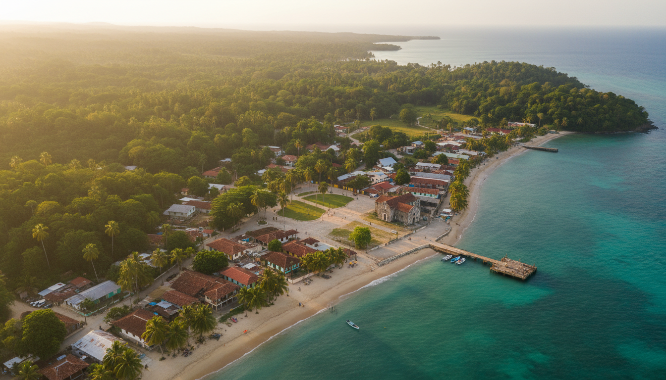 Caribbean coastal town surrounded by tropical forests