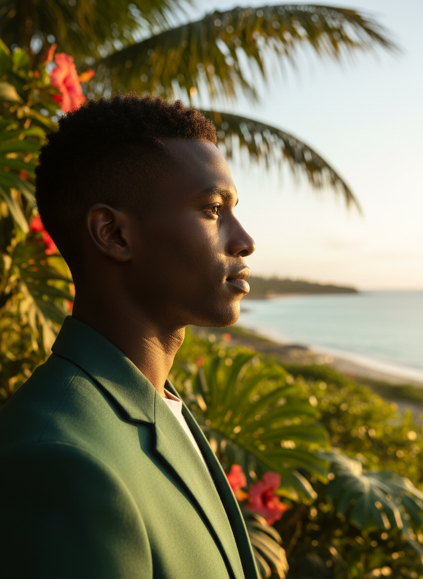 A young leader looking thoughtfully into the distance in a lush Caribbean environment