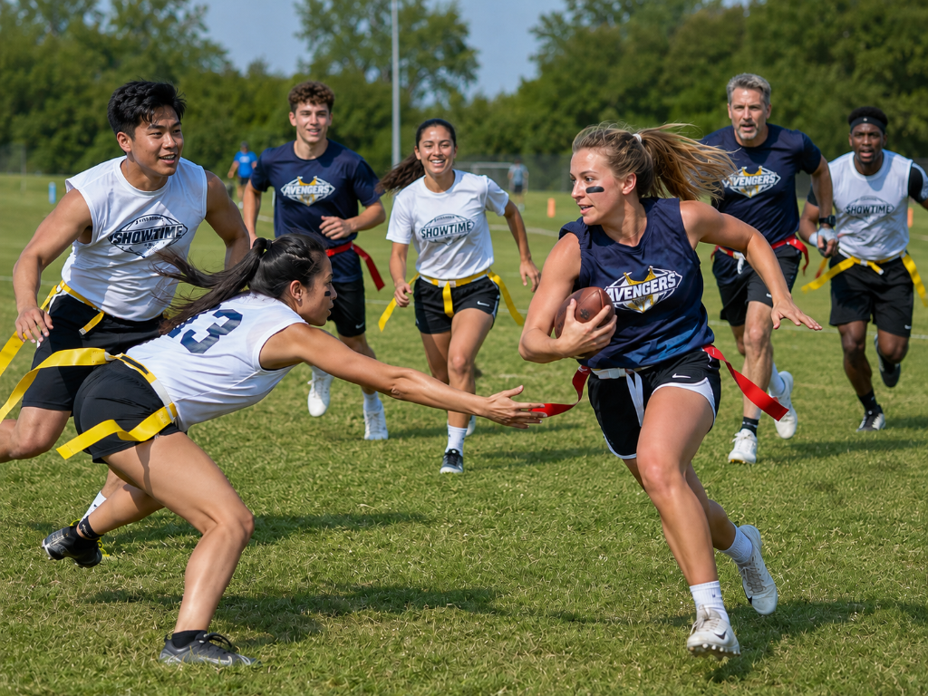 Coed flag football teams playing on the field