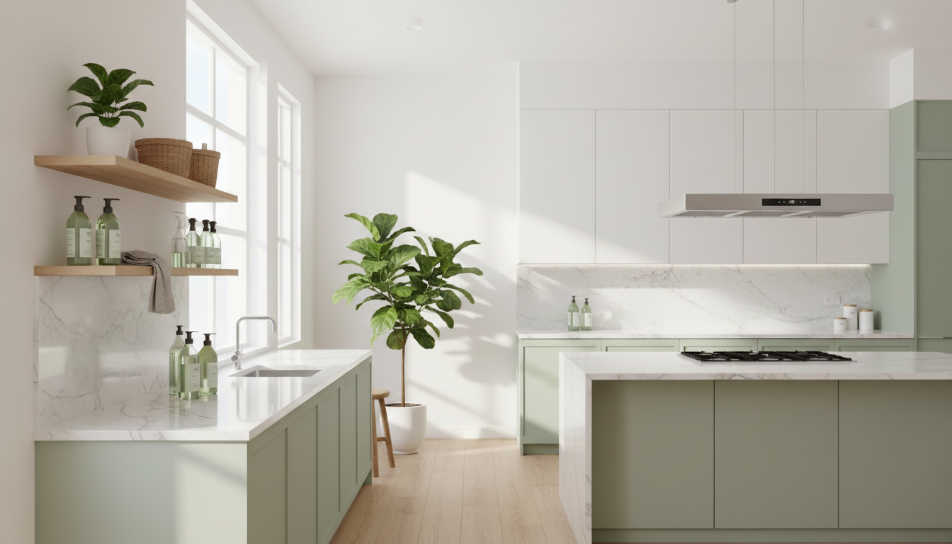 Modern pristine kitchen with organized cleaning supplies and bright natural lighting