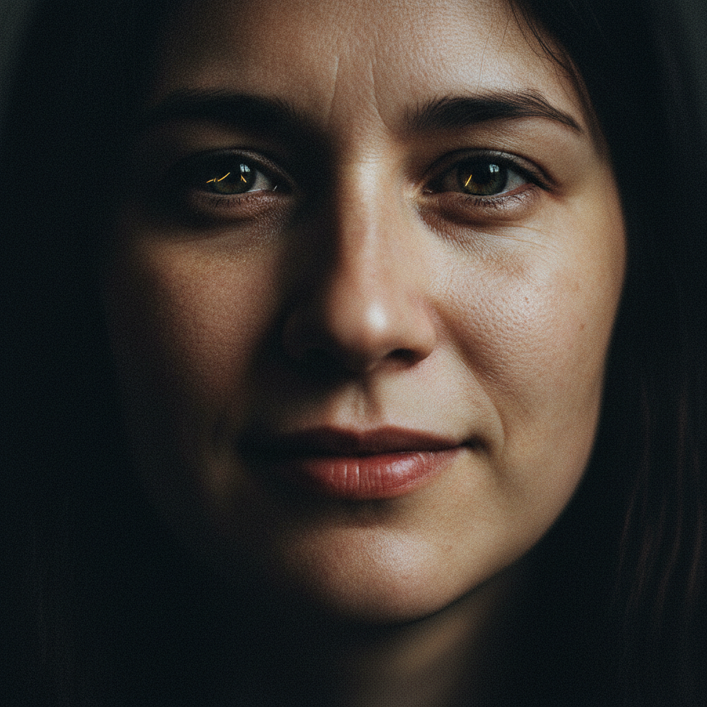 A close-up portrait of a person's weathered face, eyes reflecting quiet resilience — the human reality that the film captures