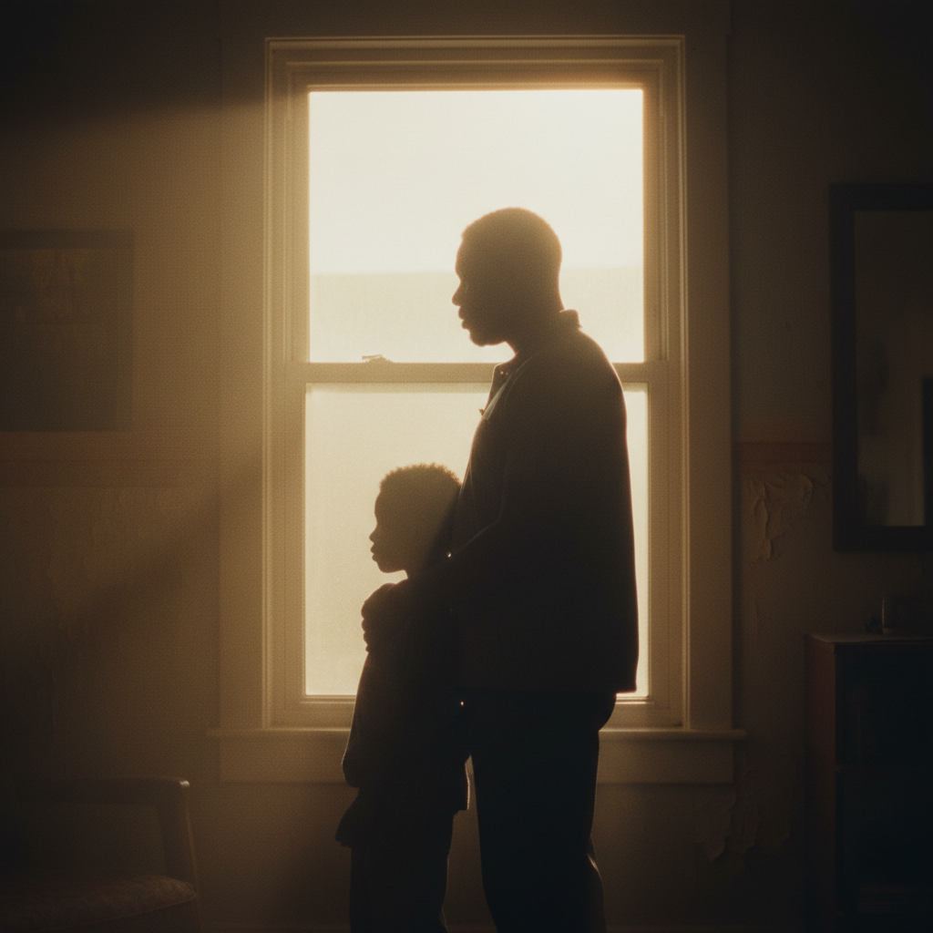 A Black father and his young son silhouetted in a sun-filled window — love finding its way through the hardest moments