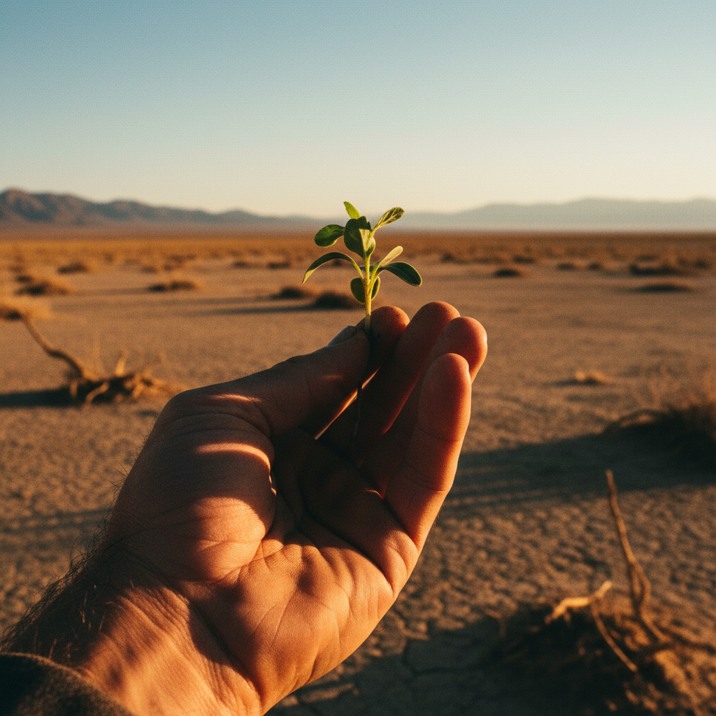 A seedling held in weathered hands against dry earth — a symbol of hope, growth, and possibility emerging from hardship