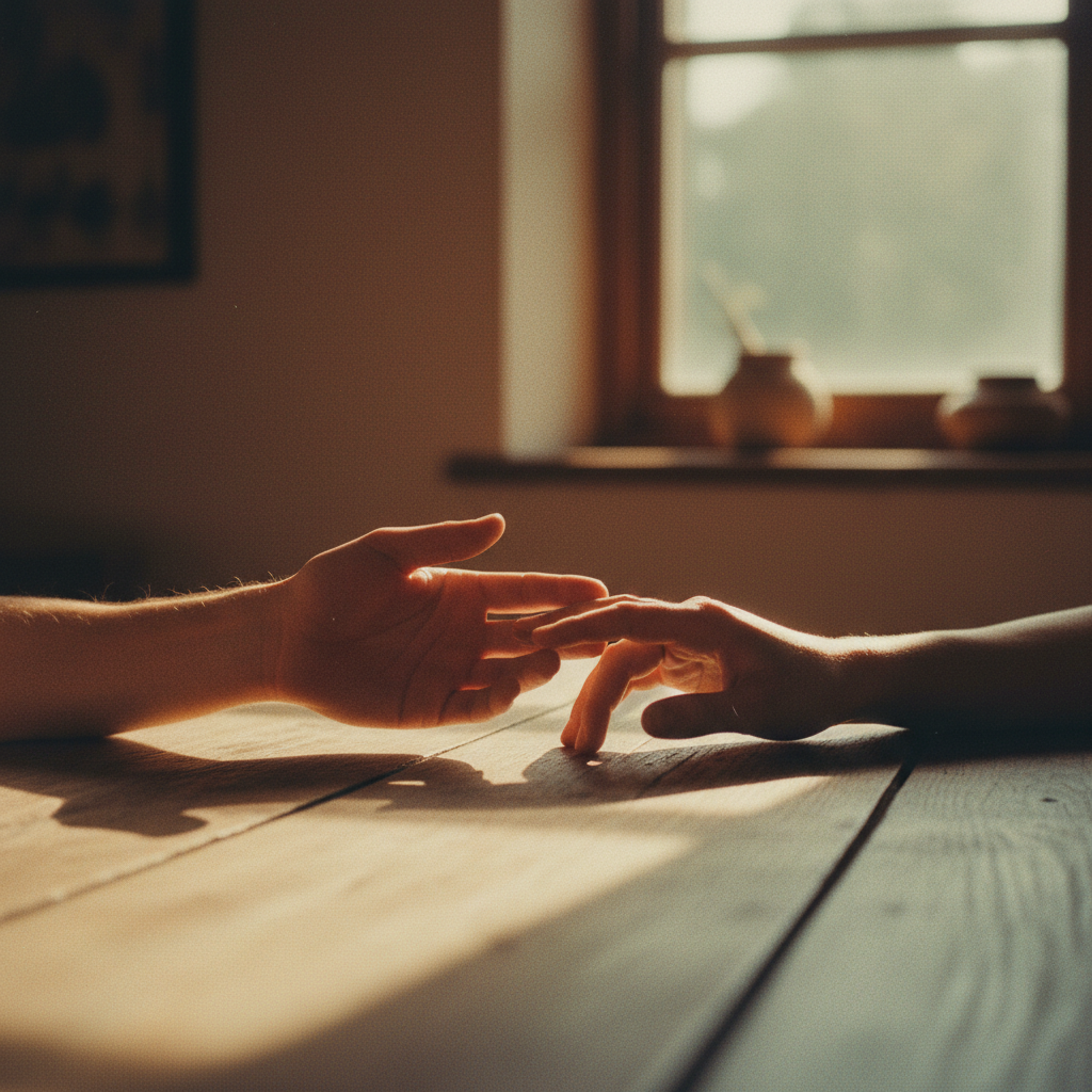 Two hands reaching toward each other across a table — a symbol of human connection and community support