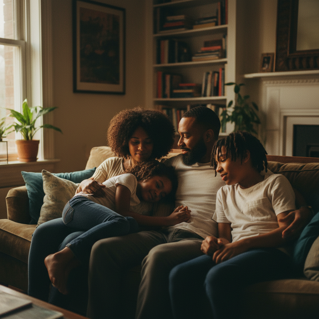 A Black family gathered together in quiet, intimate light — a portrait of resilience after crisis