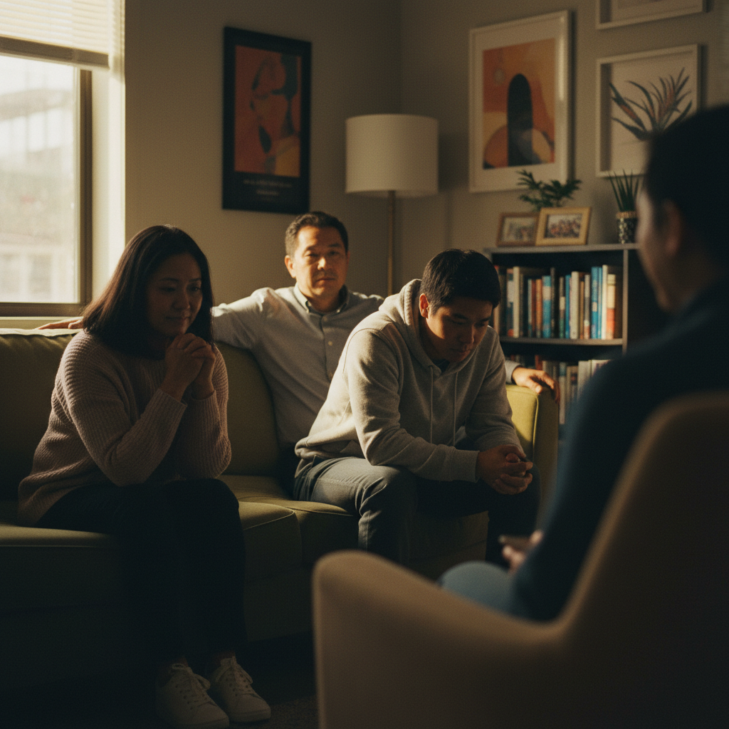 An Asian American family seated together in a therapist's office, bodies tense with vulnerability and quiet hope