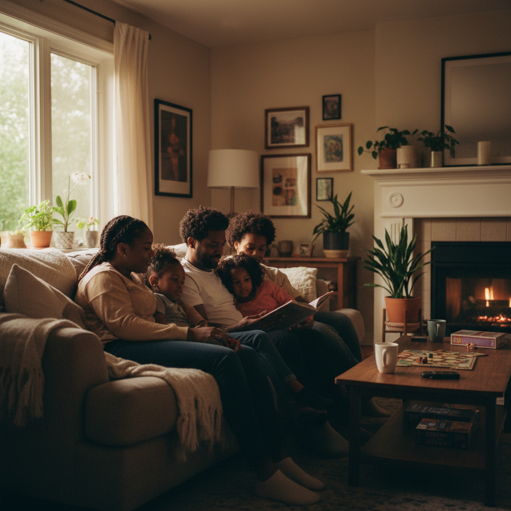 A family gathered together in quiet, intimate light — a portrait of resilience after crisis